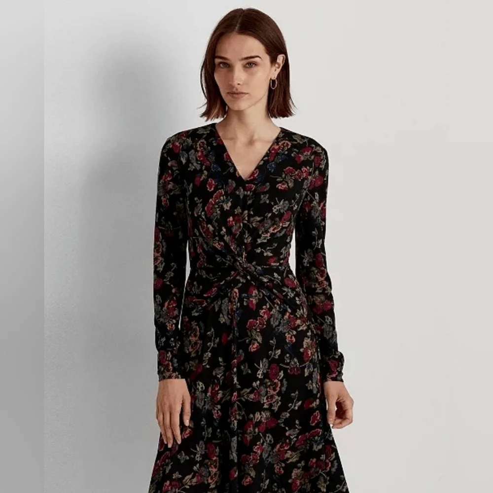 RALPH LAUREN BLACK LABEL Floral Surplice Midi Jersey Dress Sz 12 Vneck - Picture 14 of 14